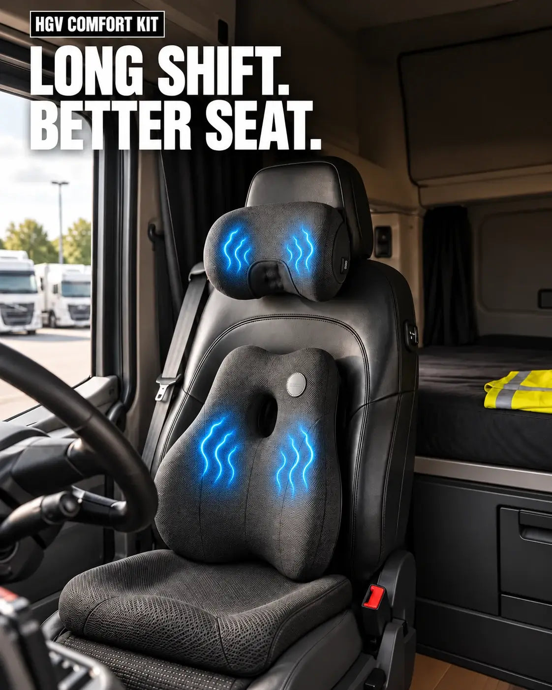 Three-piece HGV comfort kit in a cab