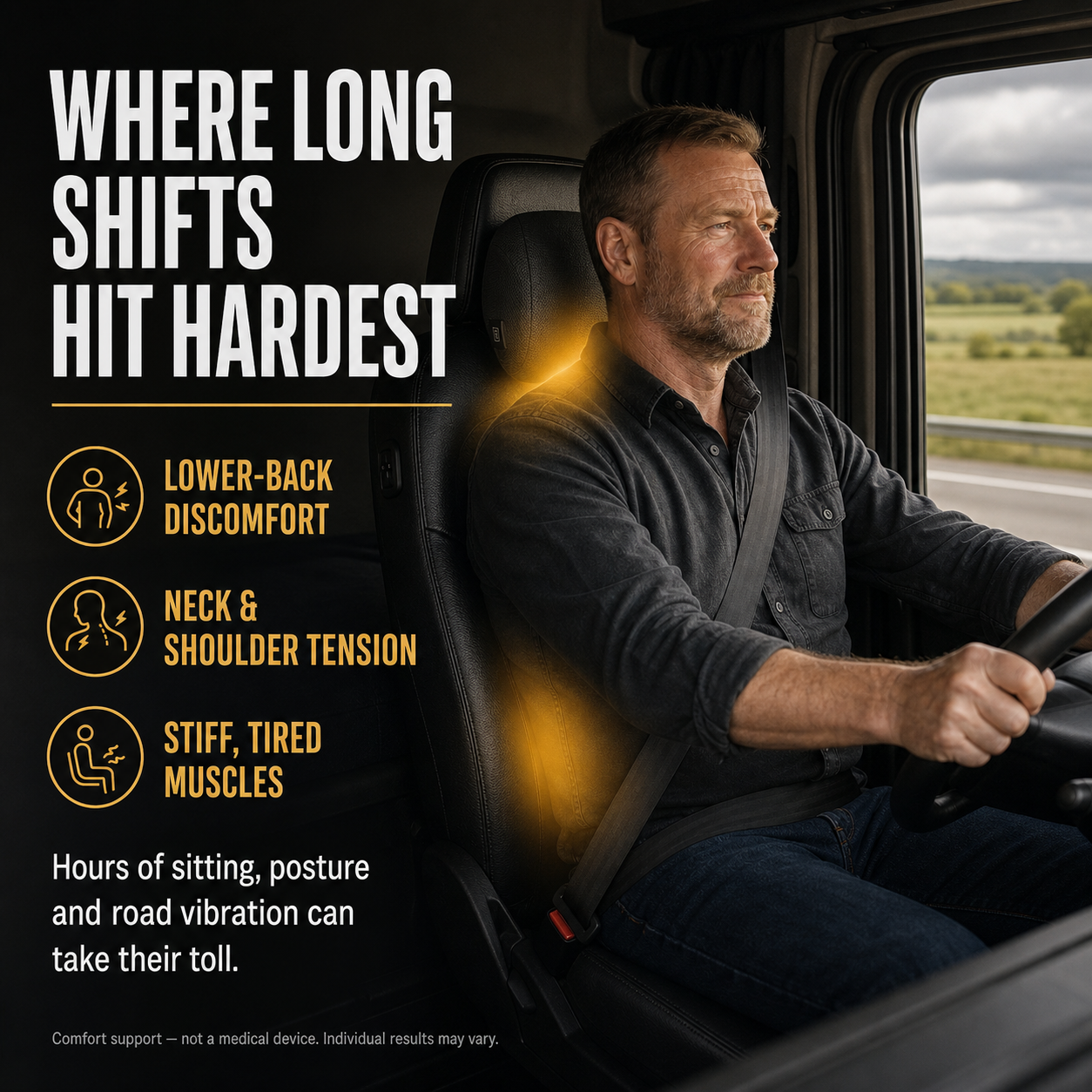 Long HGV shifts can contribute to lower-back discomfort, neck tension and tired muscles