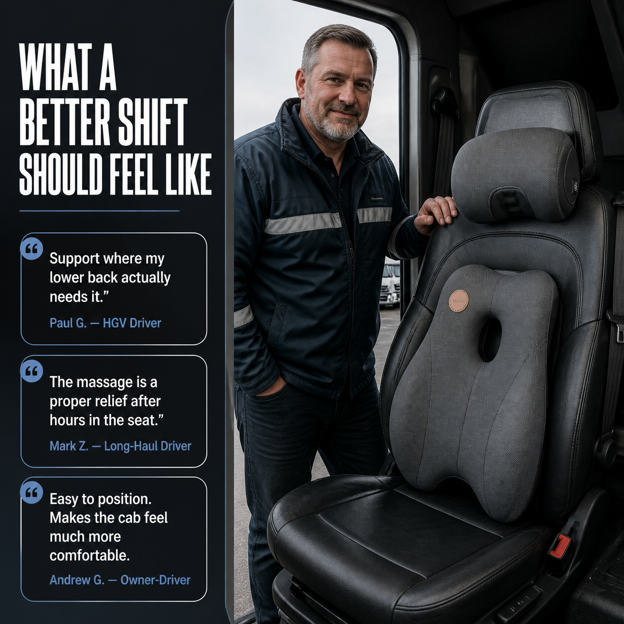 Baron Comfort full-back and neck cushions shown in HGV driving scenarios